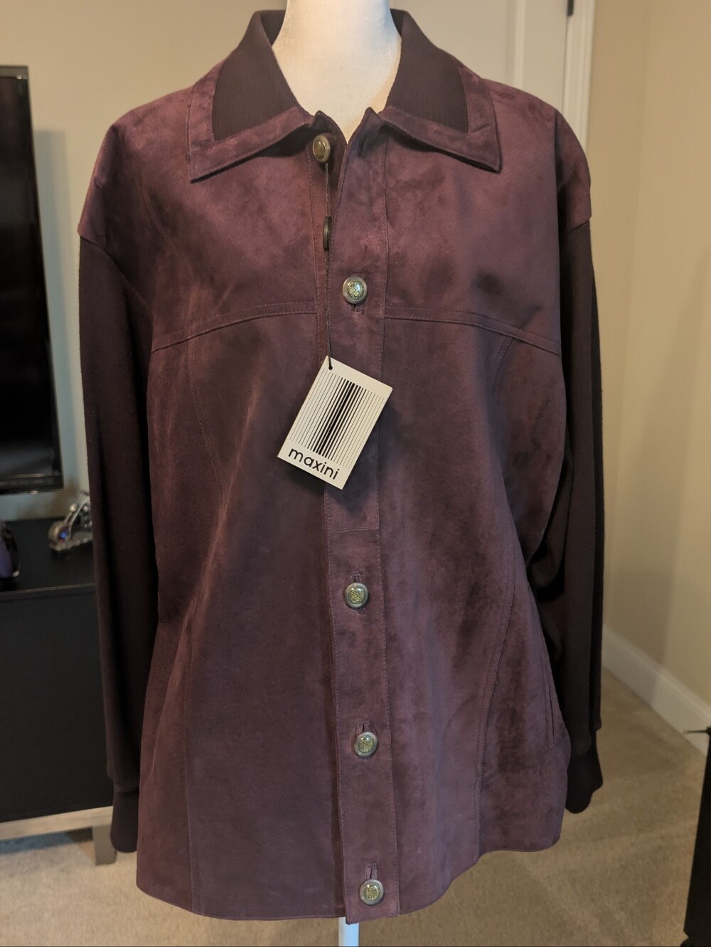 Maxini Collezione Button-Front Genuine Suede Leather Mixed Media Jacket-Bordeaux